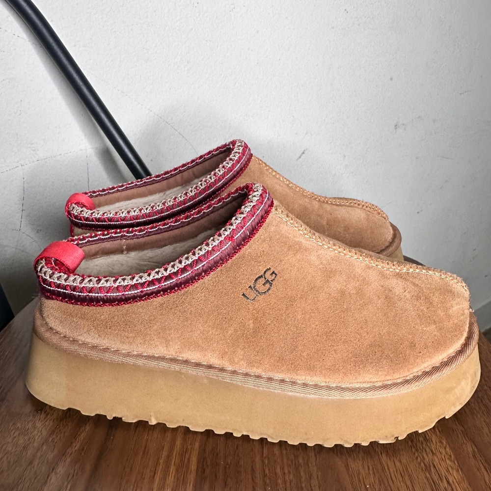 UGG Tazz Chestnut Suede Platform Slippers Red Tasman Braid 1122553 Womens 8 - Picture 1 of 8